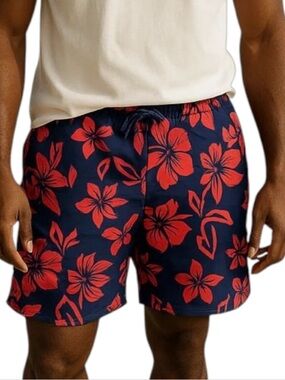 NWT Croft & Barrow Men's Navy Red Hibiscus Tropical Floral Swim Trunks Size L